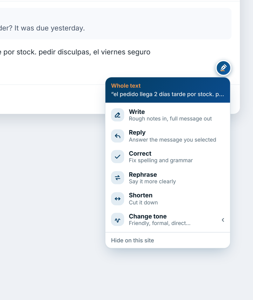 The Inkaret menu with Write, Reply, Correct, Rephrase, Shorten and Change tone